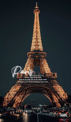 the eiffel tower lit up at night in paris, france with words written on it