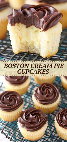 boston cream pie cupcakes on a cooling rack