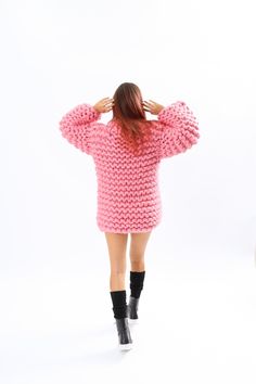 "Chunky Pink amazing unique wool sweater Perfect for home or evening events, this super giant chunky turtleneck wool sweater is a classic piece to go with anything in your closet. DETAILS - The sweater has chunky merino of wool - Made from 100% high quality wool - The sweater is knitted with 125 oz (3.5 kg ) of high quality premium merino wool - The model is 170 cm tall (regular S) - The sweater on picture is size 3XL-4xL - As mostly all models in our shop the sweater is loose fit - Colour on ph Chunky Knit Thick Long Sleeve Sweater, Pink Chunky Knit Winter Outerwear, Winter Chunky Knit Pink Outerwear, Pink Chunky Knit Outerwear For Winter, Oversized Chunky Knit Merino Wool Sweater Coat, Cold Weather Chunky Knit Merino Wool Sweater, Oversized Chunky Knit Winter Sweater, Chunky Knit Merino Wool Sweater, Chunky Knit Merino Wool Sweater For Cold Weather