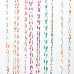 “The Topanga” is made of 14kt gold fill chain dotted with colorful enamel coating, to add some dreamhouse color to your jewelry mix. Comes in several tropical tones: Turquoise Surf, Sunset Pink, Black Sands, Palest Sky Blue, White Sands, Multi Sands, Multi Suns, and Lavender Skies. They are the perfect subtle pop of color to refresh your jewelry collection. Select the perfect length to suit your style! Details: Length of your choice Chain is 14kt gold fill with colored enamel coating 14kt gold fill lobster clasp and closure Handcrafted in Los Angeles, California, USA Multicolor Beaded Chain Necklace, Multicolor Link Jewelry With Adjustable Chain, Multicolor Enamel Jewelry With Lobster Clasp, Multicolor Chain Charm Necklace For Gifts, Multicolor Dainty Jewelry With Delicate Chain, Colorful Chain Jewelry As Gift, Colorful Chain Necklace For Gifts, Colorful Chain Jewelry For Gifts, Multicolor Enamel Charm Necklaces