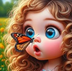 a close up of a child's face with a butterfly on her nose and flowers in the background