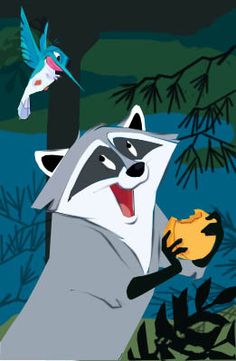 the raccoon is holding a yellow ball in his hand while another bird flies by