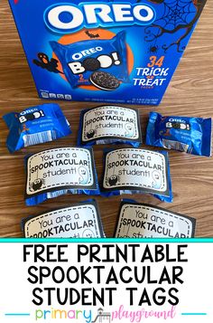 the free printable spooktacular student tags are on display in front of an oreo box