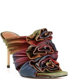 Kurt Geiger London Bloom Velvet Flower Mules | Dillard's Elegant Multicolor Open Heel Heels, Dress Mules, Velvet Flower, Unique Heels, Velvet Flowers, Velvet Heels, Pink Shoes, Kurt Geiger, Dress Sandals