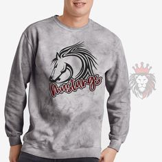 Show off with this custom and personalized Mustangs mascot design. These shirts and sweaters are great gifts for school teams, camp spirit wear, Mustangs coaches, Mustangs teachers, Mustangs Moms, Dads, girlfriends, and the whole family! You can customize the colors in the personalization section to reflect your favorite Mustangs team. It is trendy to size up 2 sizes for an oversized look or size down for a tighter fit.  To add a name (and or number) to the back of a shirt, add lounge pants, expedite processing, add overnight shipping, and any other miscellaneous items- please follow this link: https://www.etsy.com/shop/KASPDesign?ref=seller-platform-mcnav§ion_id=27547745 The listing is for one garment. To order... 1. Select the style and size you would like, then the color for the garment Comfort Colors Tshirt, School Team, Miscellaneous Items, Spirit Wear, Mascot Design, Comfort Colors Tee, School Shirts, Oversized Look, Lounge Pants