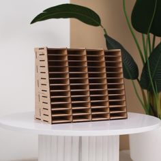 a stack of cardboard boxes sitting on top of a white table next to a potted plant