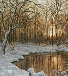 a painting of trees and water in the snow