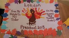 this is a cake made to look like a turkey and leaves with the words london from my hands to my tummy the turkey goes