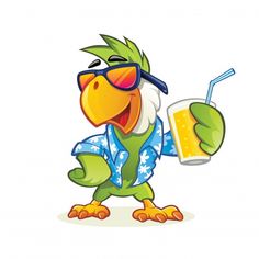 a parrot with sunglasses holding a drink and pointing to it's left side, while wearing