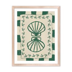 a green and white framed artwork print with an image of a shell on the front