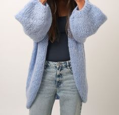 "This beautiful hand knit mohair coat is made with Italian premium quality Kid Mohair. A luxury yarn made out of 80% kid mohair; 10% Lana merino extra fine; 10% Polyamide. Very light and fluffy feeling, like floating on clouds. The fuzzy hand knit women jacket is cuddly soft, no itching. Perfect for casual, dating, office and going out. Cuddly Soft Fluffy long cardigan designed to flatter all silhouettes with its wide oversized fit. Perfect for casual, dating, office, going out, party and formal Jacket Fluffy, Mohair Coat, Knit Coat, Casual Dating, Fluffy Coat, Cardigan Design, Mohair Knit, Gilet Long, Berlin Fashion