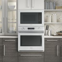 a white microwave oven sitting inside of a kitchen