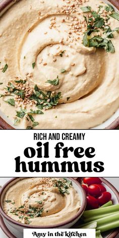 a bowl filled with hummus and garnished with herbs