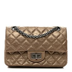 CHANEL Metallic Aged Calfskin Quilted 2.55 Reissue 224 Flap Gold | FASHIONPHILE Gold Leather Bag With Double Flap, Gold Leather Double Flap Bag, Gold Leather Flap Bag With Dust Bag Included, Chanel Print, Chanel Tweed, Denim Quilt, Chain Top, Chanel Shoulder Bag, Chevron Quilt