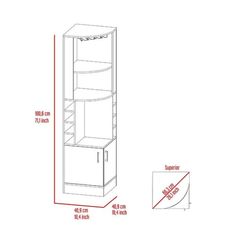 a tall cabinet with two shelves and one door open on the side, measurements for each shelf