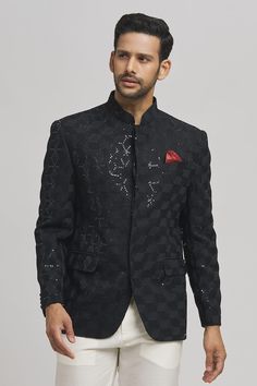 Black bandhgala with tonal sequins, geometric embroidery. - Aza Fashions Bandhgala For Men, Geometric Embroidery, Cotton Embroidery, Aza Fashion, Full Sleeve, Black Cotton, For Men, Embroidery, Black