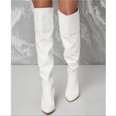 Slouchy Boot Side Zipper Round Toe Sizing Up Recommend Fitted White Faux Leather Boots, White Faux Leather Knee-high Boots For Fall, White Wide Calf Knee-high Boots For Fall, White Pointed Toe Knee-high Boots For Fall, White Faux Leather Knee-high Boots For Spring, White Wide Calf Knee-high Boots For Spring, Fall White Knee-high Boots Medium Width, Casual White Knee-high Boots For Spring, White Knee-high Work Boots