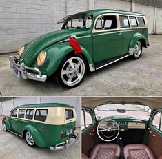 an old green vw bus parked in a garage next to another vehicle with leather seats