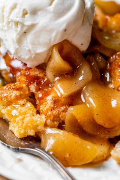 a close up of a plate of food with ice cream