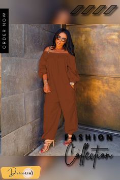 Stylish Solid-color Long Sleeved Off-the-shoulder Jumpsuit Trendy Off-shoulder Jumpsuits And Rompers For Summer, Casual Off-shoulder Jumpsuit For Spring, Chic Off-shoulder Jumpsuits For Fall, Long Sleeve Brown Jumpsuits And Rompers For Summer, Summer Long Sleeve Brown Jumpsuits And Rompers, Chic Off-shoulder Jumpsuits And Rompers For Fall, Jumpsuits And Romper, Color Pick, Jumpsuit Fashion