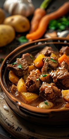 a brown bowl filled with meat and vegetables