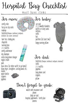 the hospital bag checklist for moms and babys is shown in this graphic