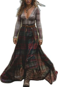 Multicolor V-neck Winter Dress, Casual V-neck Winter Maxi Dress, Casual Winter Maxi Dress V-neck, Casual V-neck Maxi Dress For Winter, Multicolor V-neck Maxi Dress For Fall, Winter Plaid V-neck Dress, Plaid V-neck Winter Dress, Bohemian Plaid Long Sleeve Dress, Bohemian Plaid Fall Dresses