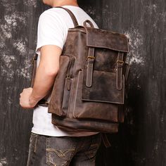 Personalized Unisex Full Grain Leather Backpack Large Travel Backpack Laptop Backpack School Backpack Weekender Backpack Christmas Gift--------------------------------- Description:-Full Grain Leather-Cotton Lining-Inside one zipper pocket, one laptop sleeve, zipper closure top, one wallet pocket, one phone pocket; One large pocket on the front; Two side pockets can hold water bottle; One zipper pocket on the back.-It can hold one 14'' laptop, A4 document files, books, magazines, umbrella, cosme Rugged Backpack For Everyday Use, Large Backpack Travel, Travel Rucksack, Backpack Material, Leather Travel Bag, Backpack Travel, Women Best, Weekend Bag, Best Gifts For Men