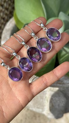 Faceted Amethyst pendant  Each pendant is set in sterling silver and hung on an 18" silver  chain. Ready to ship Amethyst Necklace Pendant, Amethyst Pendant, Crystal Necklace, Silver Chain, Amethyst, 925 Sterling Silver, Jewelry Necklaces, Gift Card, Etsy Accessories