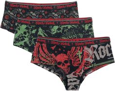 Set of three pants from Rock Rebel by EMP:  - Elasticated waistband with Rock Rebel logo - Mid-rise - Three different designs with all-over prints in green, red and grey/red Gaming Merch, Alternative Clothing, New Rock, Cute Fits, Red And Grey