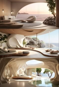 the interior of a futuristic house with an ocean view