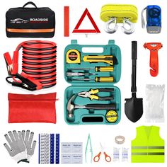 various tools are displayed in an organized toolbox with safety vests, gloves and other items