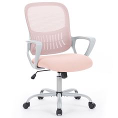 a pink office chair with wheels on an isolated white background