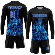 a soccer uniform with blue flames on it