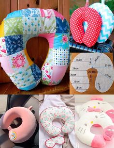 several different types of baby items are shown in this collage, including an infant car seat cushion and a stuffed toy