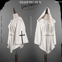 A nun with an overwhelming presence and a mysterious atmosphere. The cloak jacket is embroidered with her cross, which is a symbol of her sacrifice and salvation, and goes perfectly with the stand-up collar sleeveless top. Paired with her jumper skirt, she looks like a strictly devoted nun. 
 
 
 Item 
 
 
 
 
 Cloak jacket 
 
 
 
 Stand collar tops 
 
 
 
 Blouse 
 
 
 
 Jumper skirt 
 
 
 
 Size 
 
 Cloak jacket 
 
 S size 
 
 Length: 65cm 
 
 M size 
 
 Length: 65cm 
 
 L size 
 
 Length: 65c Gothic Cape Outerwear For Costumes, Fall Gothic Cape For Cosplay, Gothic Cape For Fantasy Events, Gothic Cape Outerwear For Fantasy Events, Gothic Cape Outerwear For Costume Party, Gothic Long Sleeve Cape For Costume, Gothic Cape Outerwear For Larp, Gothic Cape For Larp In Fall, Gothic Long Sleeve Cape For Fall