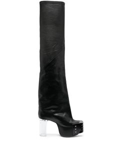 black calf leather flared square toe slip-on style platform sole transparent block heel high heel above-knee length Modern Leather Thigh High Heeled Boots, Modern Thigh High Leather Heeled Boots, Modern Thigh-high Leather Heeled Boots, Luxury Knee-high Platform Boots With Reinforced Heel, Leather Thigh High Platform Heeled Boots, Luxury Square Toe Platform Boots, Modern Knee-high Platform Boots With Sculpted Heel, Evening Knee-high Platform Boots With Sculpted Heel, Leather Platform Knee-high Boots For Evening