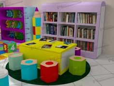 the children's library is decorated in bright colors