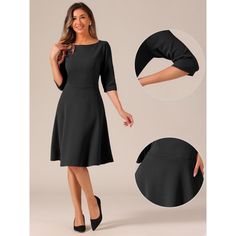 This formal dress, with its unique and sophisticated a-line hem style, adds to your selection for the next season with its timeless classic design. This vintage style features a lovely boat neckline, a fitted silhouette, and flared semi-swing skirts that tighten and accentuate curves, making it a figure-flattering piece. The breathable and well-made cloth that elongates your legs and draws attention to your waist. An urban trendy exquisite business lady style can be created by pairing it with hi Classic Knee-length Dress With Back Zipper, Semi-formal A-line Midi Dress With Flattering Silhouette, Classic A-line Solid Midi Dress, Classic Solid A-line Midi Dress, Classic Solid Color A-line Midi Dress, Classic A-line Dress With Flattering Cut, Classic Lined Midi Dress For Formal Occasions, Classic Semi-formal Lined Dresses, Classic Boat Neck Midi Dress For Evening