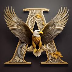 an eagle is sitting on the letter a with wings spread around it's body