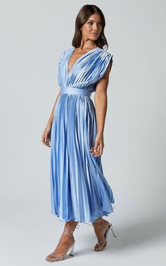 Blue Midi Length V-neck Dress For Formal Occasions, Blue Fitted V-neck Party Dress, Blue V-neck Dress With Pleated Bodice, Blue V-neck Maxi Dress For Party, Spring Wedding Guest V-neck Dress, Blue Midi Dress With Pleated Back, Elegant Spring V-neck Dress With Pleated Bodice, Light Blue Summer Evening Dress For Party, Light Blue V-neck Party Evening Dress