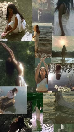 a collage of photos with women in the water and sun shining down on them