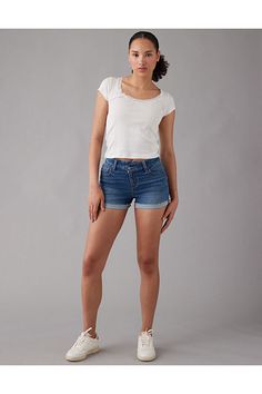 Next Level Stretch/Our softest, stretchiest, never-loses-its-shape denim/Won't bag out. Ever./Dark wash/Crossover waist | Cuffed hem/These shorts are Real Good: Made with the planet in mind & a promise to continue to do better. Curvy Shorts, Do Better, Denim Short, Next Level, Crossover, Women's Jeans, American Eagle Outfitters, American Eagle, Denim Shorts