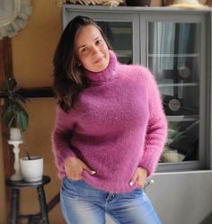 "Delicate knitted angora sweater Soft fluffy pullover  Color choice  sweater Fluffy vest pulover Handmade women chunky sweater Size S-M-L ATTENTION TO ORDER Handmade to order (exact repetition is not possible) Production time - 28-35 days Stylish, fashionable, knitted sweater is made from soft yarn. Yarn constitution  angora and nylon. This lovely angora sweater will be a great addition to your look.  Knit Sweater will be a pleasant gift for yourself and your loved ones. The sweater can be worn Pull Angora, Fluffy Vest, Soft Sweaters, Pullover Mode, Woman Sweater, Angora Sweater, Fluffy Sweater, Ladies Turtleneck Sweaters, Textured Sweater