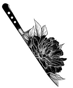 a black and white drawing of a knife with a flower on it's blade