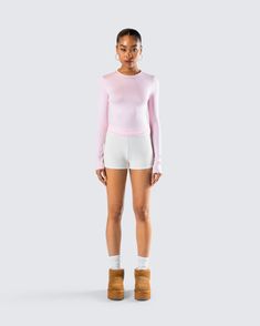 Chill vibes only ☁️ Featuring a pink jersey long sleeve top and a pair of cream rib shorts - this cute and casual two-piece set is the perfect look for lounging around while still serving a look 💕 Pink Fitted Top With Short Length, Pink Fitted Short Length Tops, Fitted Short Length Pink Tops, Fitted Pink Short Top, Pink Stretch Short Top, Trendy Pink Short Length Top, Pink Short Athleisure Top, Sporty Short Length Pink Tops, Pink Short Length Tops For Loungewear