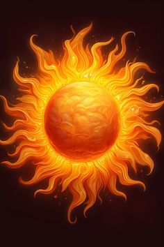 an orange sun with bright yellow flames on it