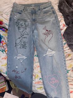 Custom acrylic painted jeans or denim jackets! I can do whatever you have in mind or I can make a design for you based on your likes/interests! The prices will range based on if you want a jacket or pants and how much or little you want painted, (between $50-$250). Trendy Cotton Jeans With Graffiti Print, Graphic Print Cotton Jeans For Fall, Grunge Graphic Print Jeans For Fall, Spring Denim Jeans With Graffiti Print, Spring Graffiti Print Denim Jeans, Artistic Streetwear Jeans For Spring, Artistic Jeans For Spring Streetwear, Trendy Hand Painted Cotton Jeans, Hand Painted Denim Jeans For Streetwear