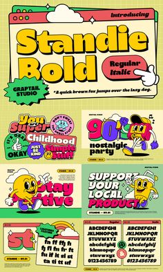 an advertisement for stand - up bold with cartoon characters on the front and back sides