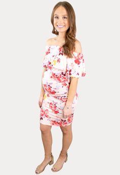 This spring maternity dress is a must have! Features a tight fit and a ruffle on top. With super soft fabric, this dress is the perfect blend of comfort and style. Sophisticated fun with pops of pink and yellow floral color that flatter all your mama curves. Ideal for all nine months of pregnancy and beyond. Summer Maternity Dress With Stretch, Feminine Stretch Dresses With Floral Print, Stretch Summer Maternity Dresses, Chic Spring Maternity Dress Nursing Friendly, Fitted Pink Nursing Friendly Dress, Feminine Stretch Mini Dress With Floral Print, Summer Stretch Maternity Dress, Flowy Maternity Dress For Spring Garden Party, Pink Fitted Nursing Friendly Dress